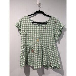 Disney Winnie the Pooh Gingham Top Womens Medium Embroidered Peplum Plaid Ruffle
